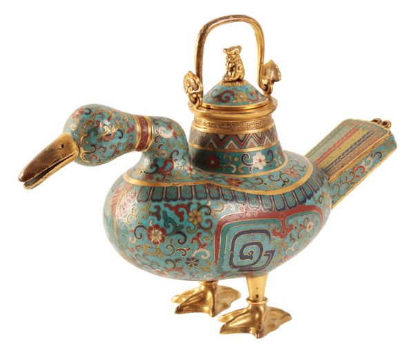 A FINE CHINESE CLOISONNE DUCK CENSER AND COVER