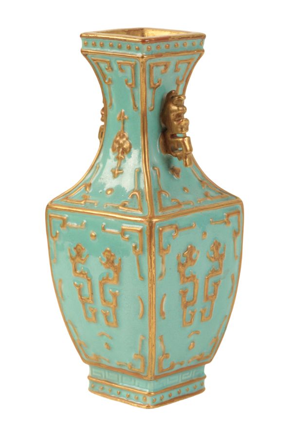 A CHINESE TURQUOISE-GROUND SQUARE VASE