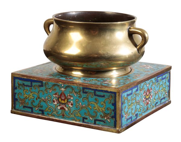 A CHINESE BRONZE CENSER WITH CLOISONNE STAND