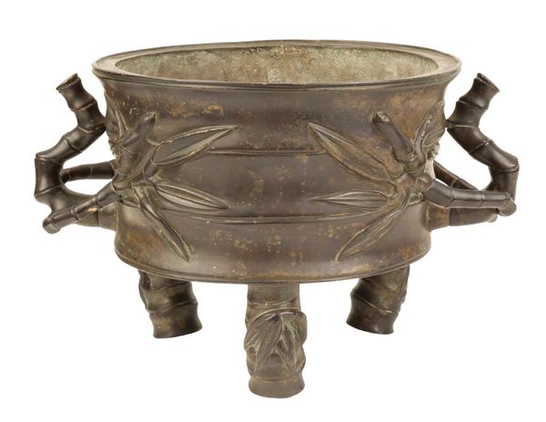 A LARGE CHINESE BRONZE BAMBOO FORM CENSER
