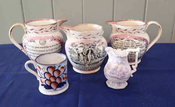 THREE EARLY 19th CENTURY SUNDERLAND TYPE LUSTRE JUGS