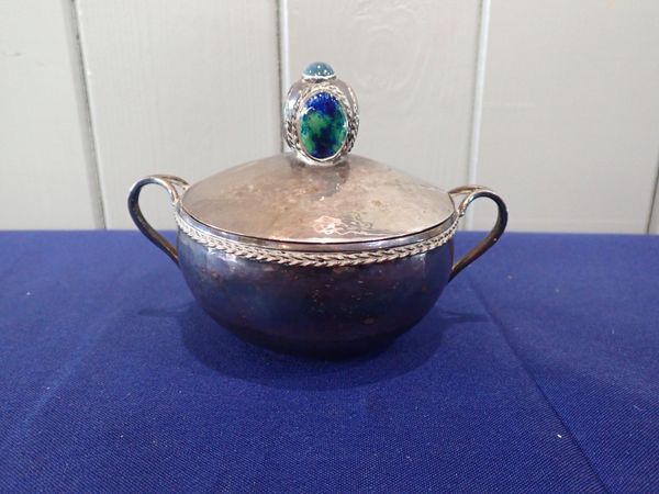 AN ARTS AND CRAFTS SILVER ON COPPER BOWL AND COVER