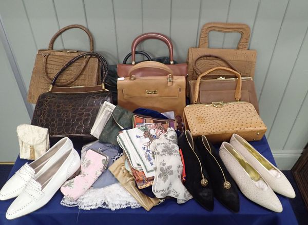 A COLLECTION OF VINTAGE HANDBAGS, SHOES AND SCARVES