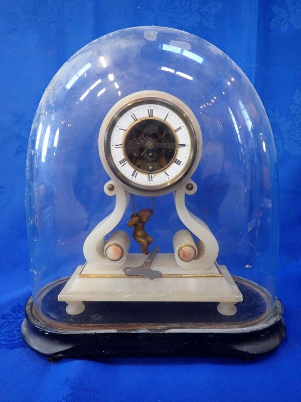 A VICTORIAN ALABASTER CLOCK WITH GLASS DOME