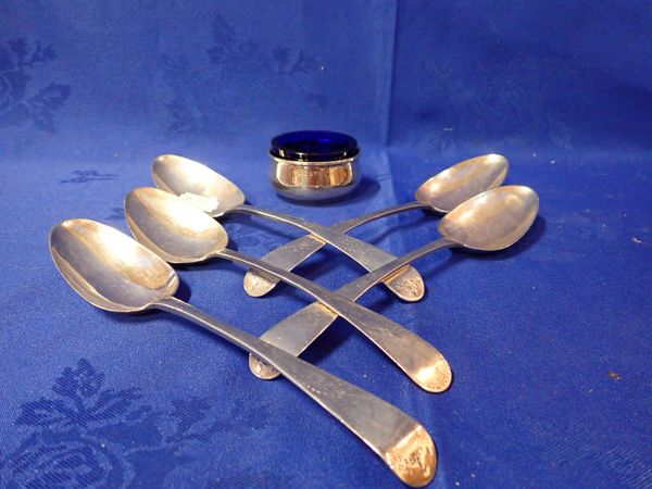 A SET OF FIVE GEORGE III SILVER OLD ENGLISH PATTERN SERVING SPOONS