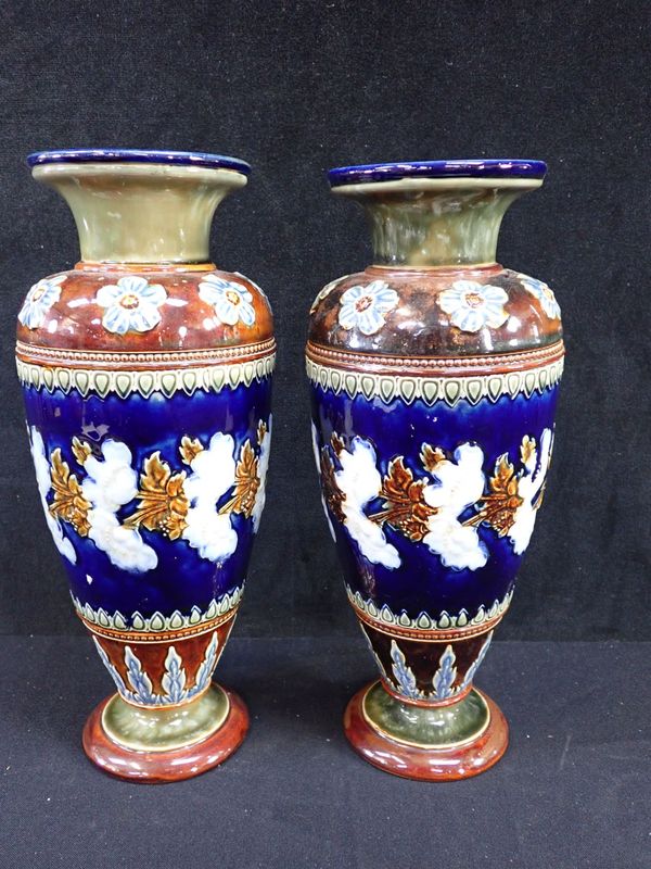 A PAIR OF DOULTON LAMBETH BALUSTER VASES