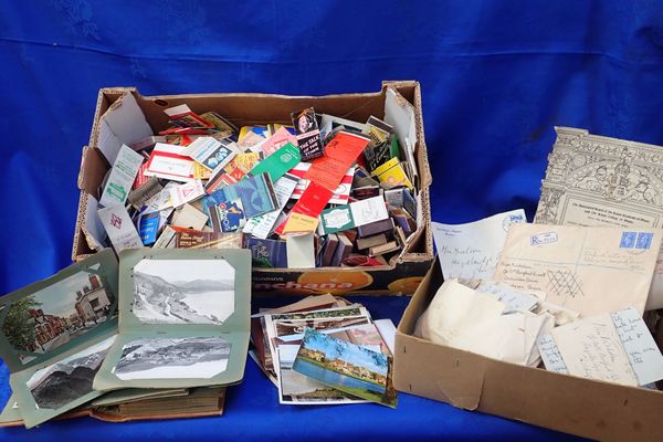 A QUANTITY OF MATCH BOXES AND POSTCARDS