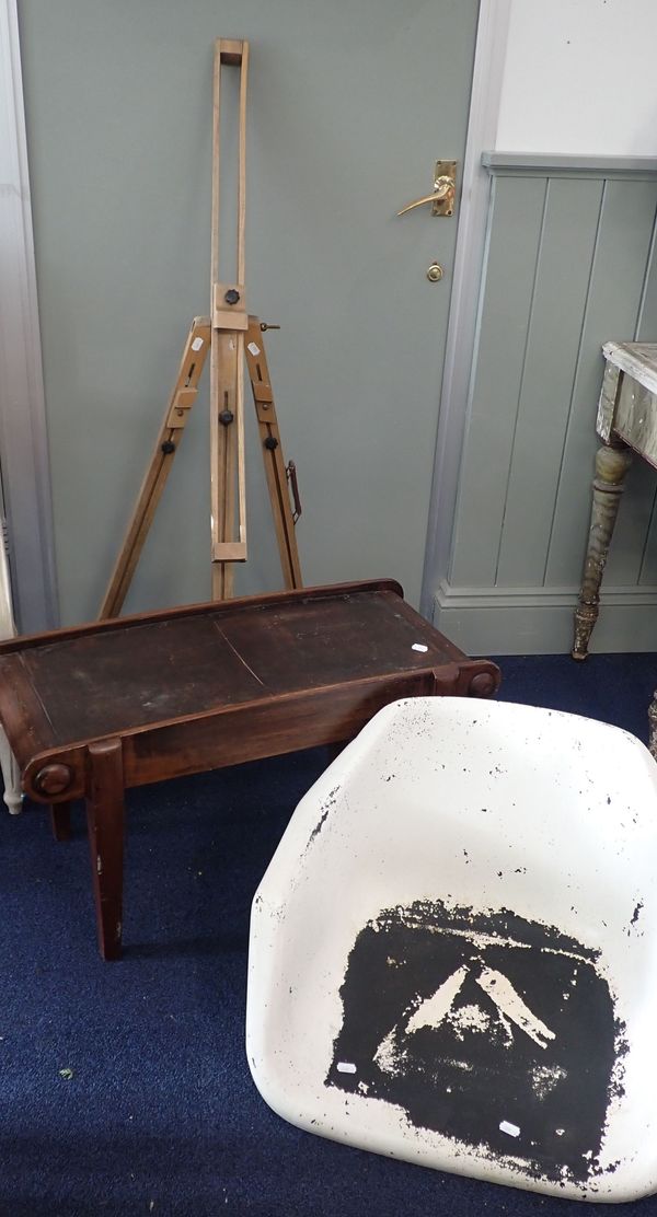 AN ARTIST EASEL, A WOODEN STOOL