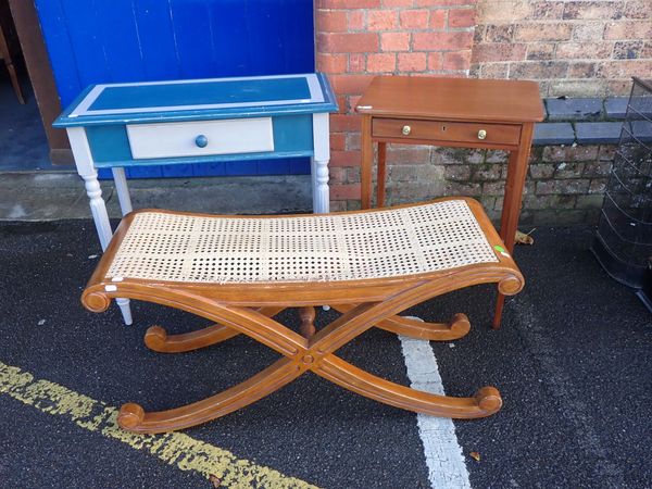 A REPRODUCTION X-FRAME STOOL, A SIDE TABLE