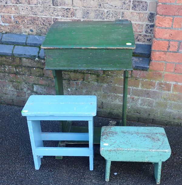 A 19TH CENTURY GREEN-PAINTED PINE SCHOOL DESK