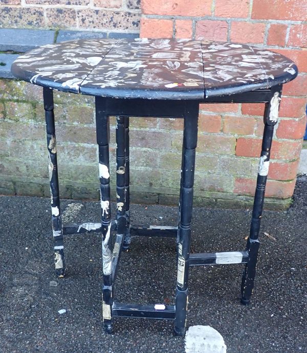 A PAINTED AND DECOUPAGED GATELEG OCCASIONAL TABLE