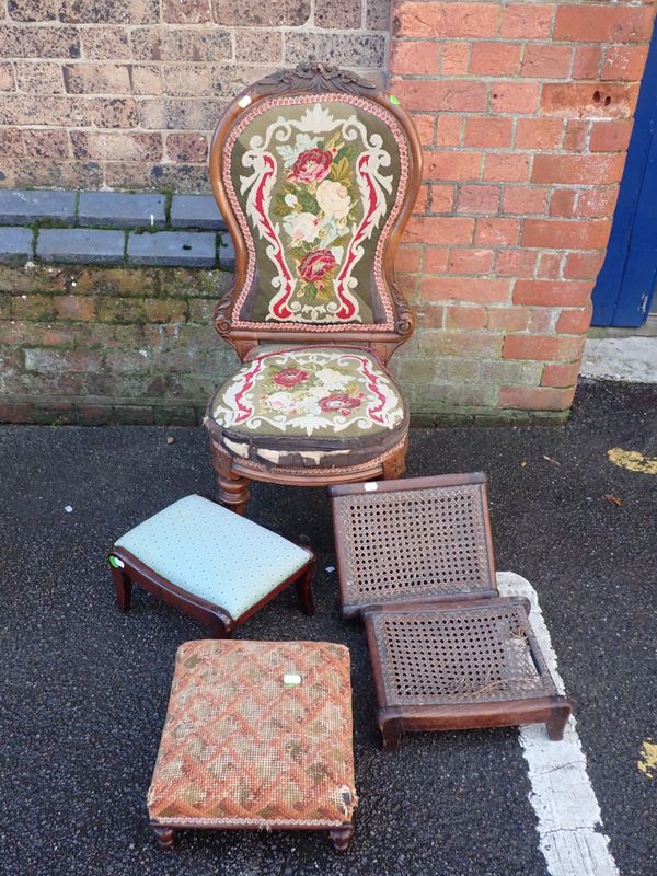A VICTORIAN CHAIR WITH WOOLWORK SEAT AND BACK