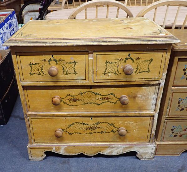 A VICTORIAN PAINTED AND DECORATED CHEST OF DRAWERS