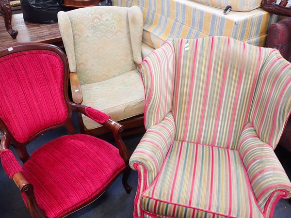 A WING ARMCHAIR WITH STRIPED VELVET UPHOLSTERY