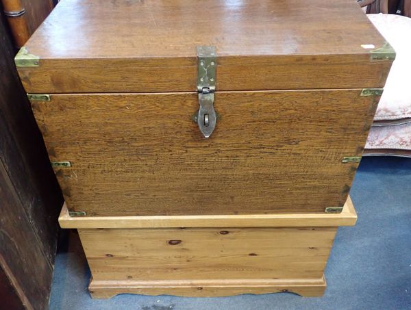 A HARDWOOD TRUNK WITH 'MILITARY' STYLE BRASS MOUNTS