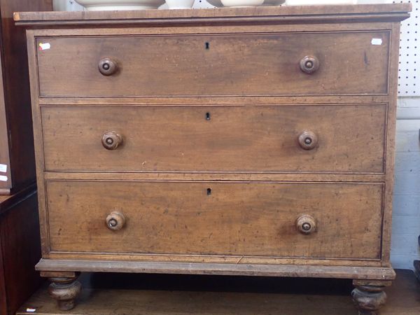 A 19TH CENTURY MAHOGANY CHEST OF THREE DRAWERS