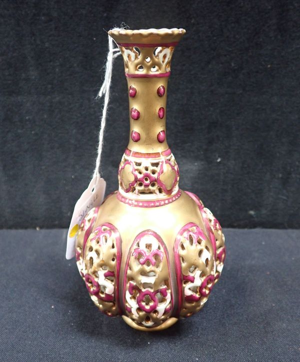 A ZSOLNAY RETICULATED AND GILT VASE