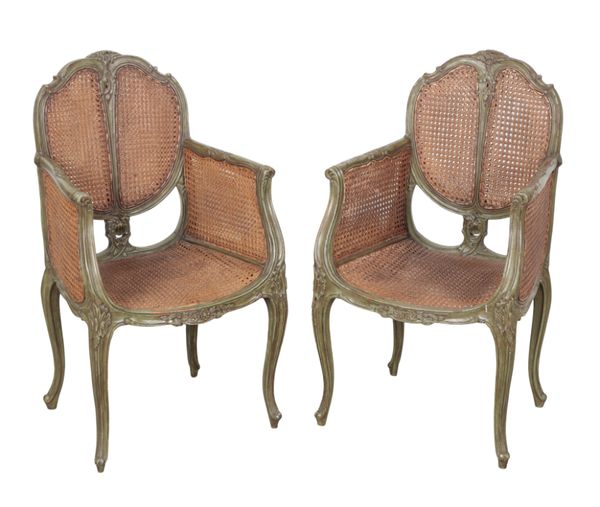 A PAIR OF LOUIS XV STYLE GREEN-PAINTED ARMCHAIRS