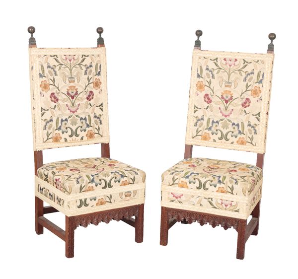 A PAIR OF CHARLES II STYLE MAHOGANY HALL CHAIRS