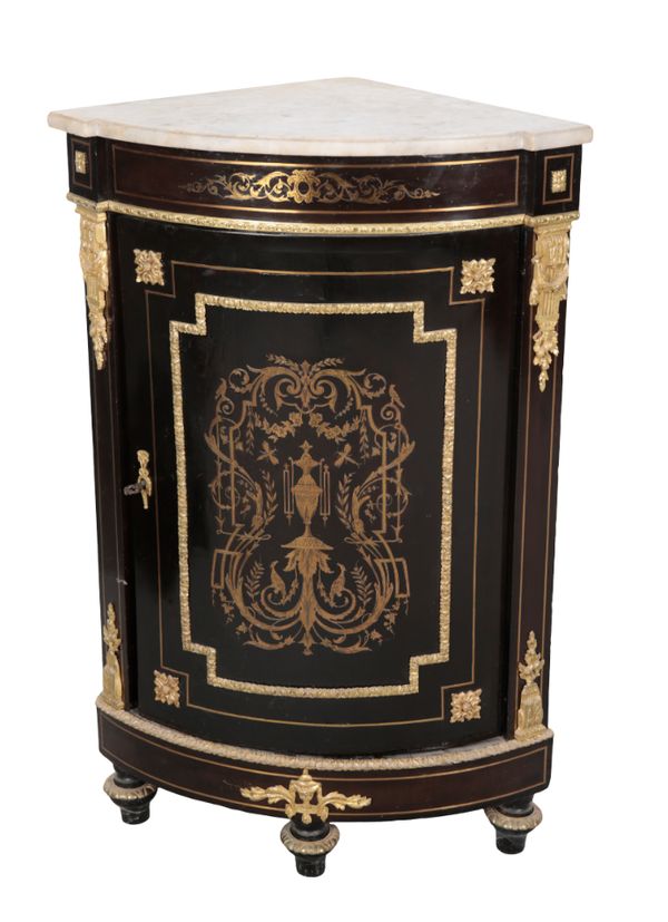 A VICTORIAN EBONISED, BRASS INLAID AND MARBLE-TOPPED CORNER CUPBOARD