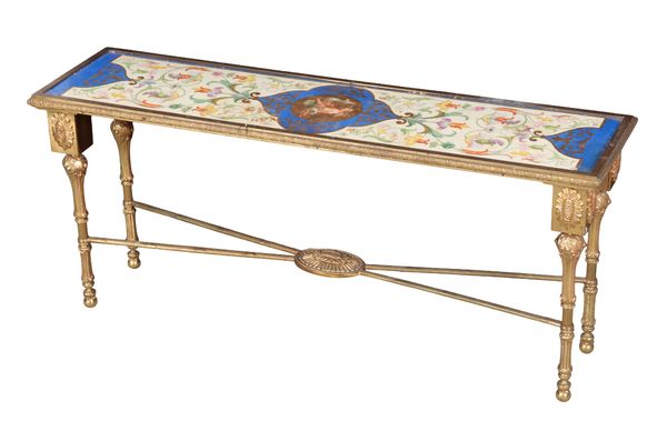 A REGENCY STYLE GILT METAL AND PORCELAIN MOUNTED COFFEE TABLE