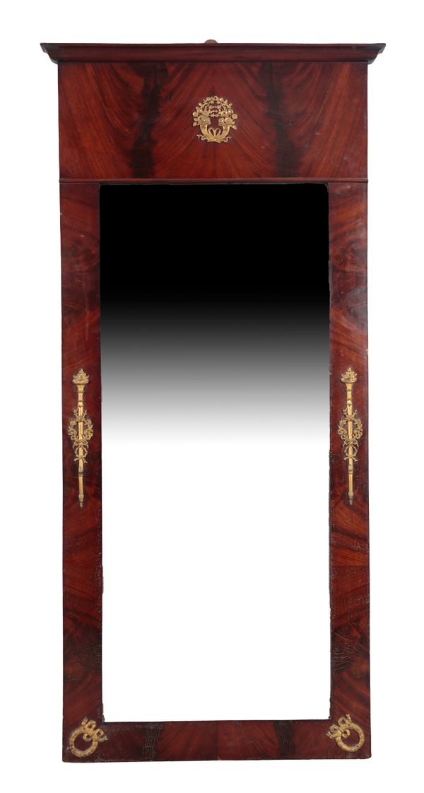 AN EMPIRE STYLE FLAMED MAHOGANY AND GILT METAL MOUNTED PIER MIRROR