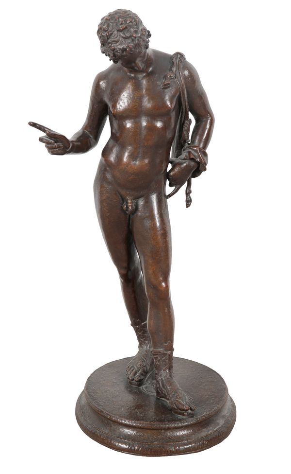 AFTER THE ANTIQUE, A BROWN PATINATED BRONZE FIGURE OF NARCISSUS