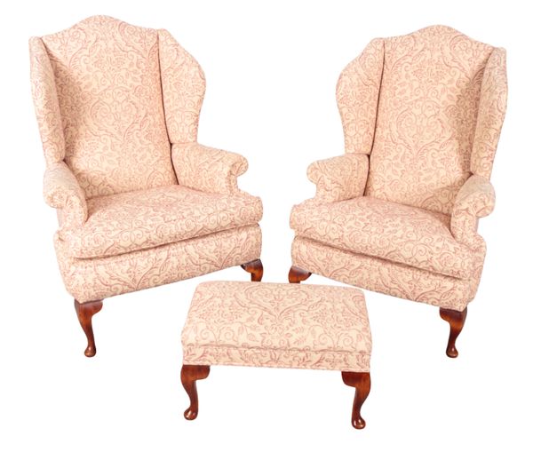 A PAIR OF QUEEN ANNE STYLE WING ARMCHAIRS