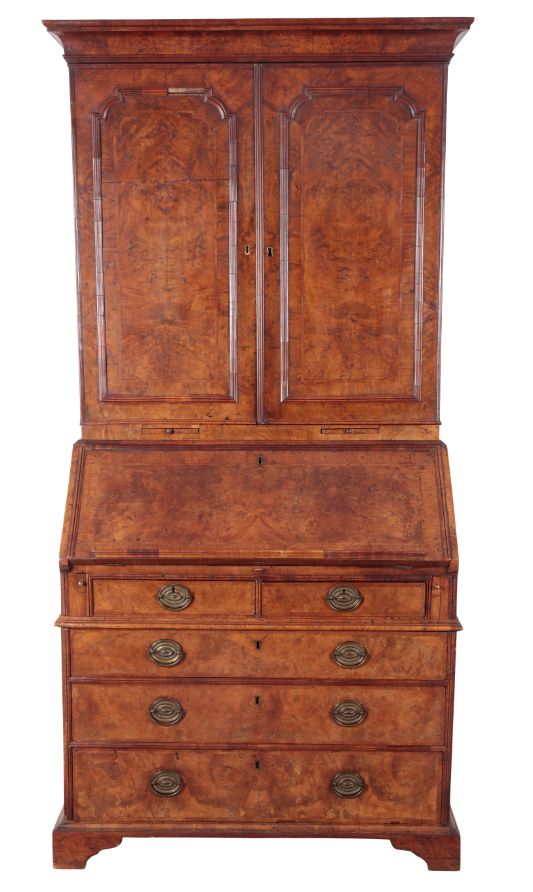 A GEORGE I WALNUT BUREAU-BOOKCASE