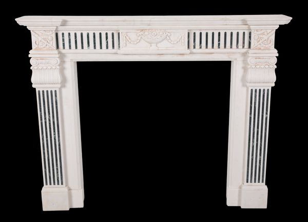 A GEORGE III STYLE WHITE MARBLE CHIMNEY PIECE