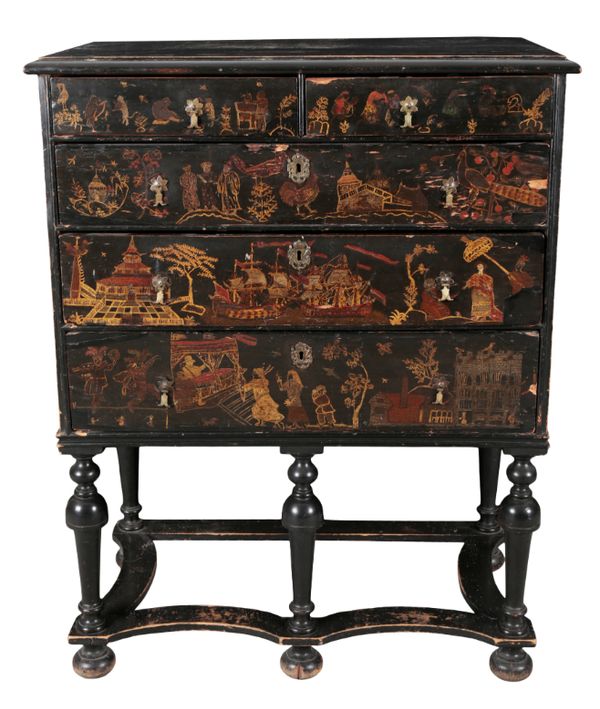 A GEORGE I STYLE PAINTED CHEST ON STAND