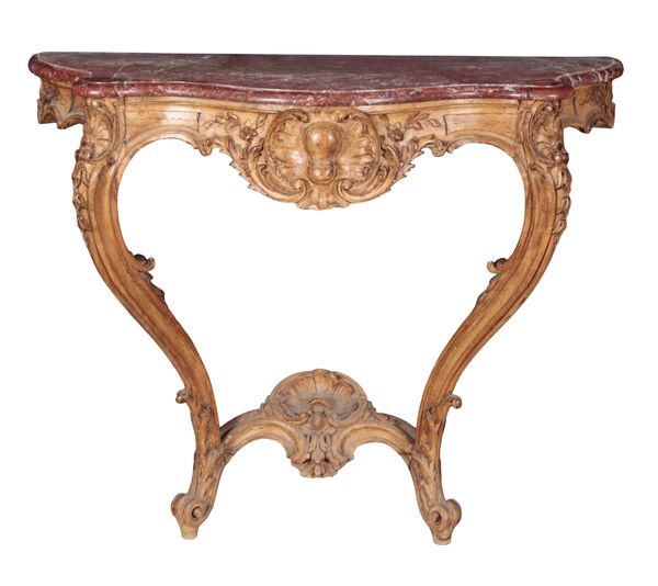 A GEORGE II STYLE STAINED WOOD AND MARBLE-TOPPED CONSOLE TABLE