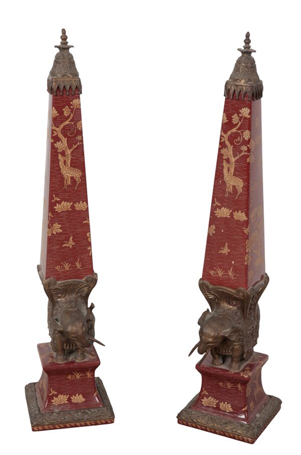 A PAIR OF EMPIRE STYLE PORCELAIN AND GILT METAL MOUNTED OBELISKS