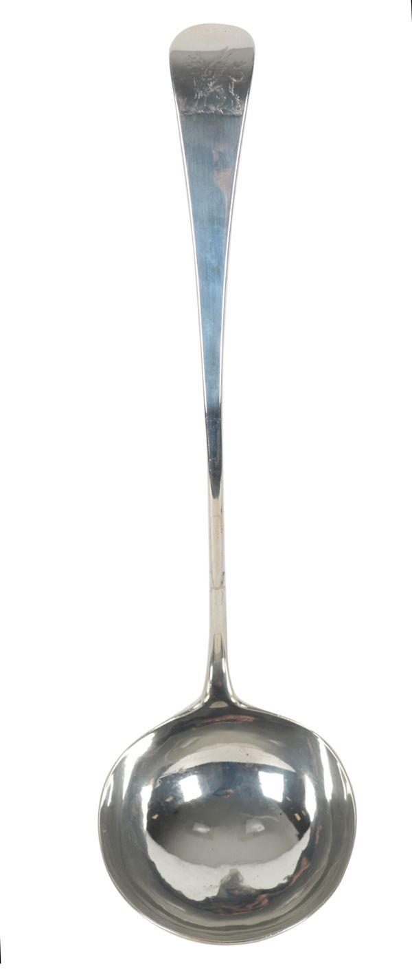 A GEORGE III WHITE METAL OLD ENGLISH PATTERN SOUP LADLE