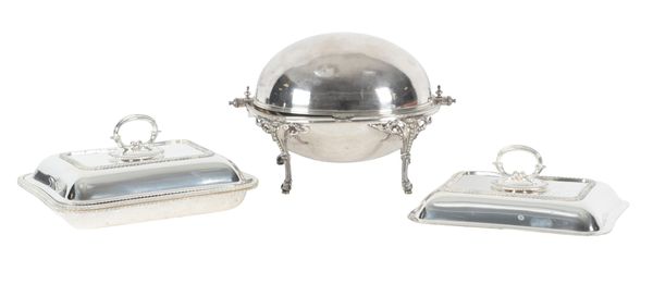 A PAIR OF SILVER PLATED RECTANGULAR ENTREE DISHES AND COVERS