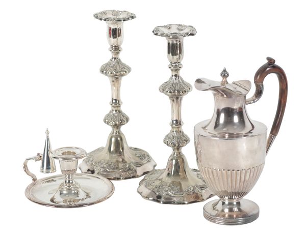 A PAIR OF LATE 19TH CENTURY SILVER PLATED PILLAR CANDLESTICKS
