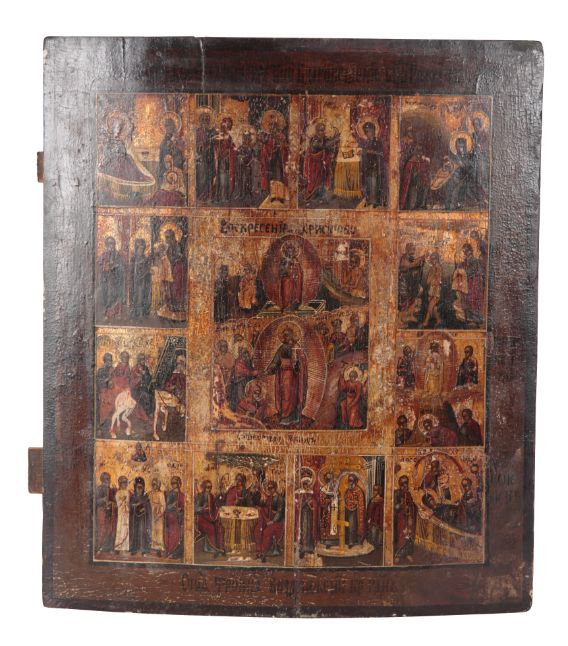 A RUSSIAN ICON DEPICTING THE SIXTEEN FEASTS