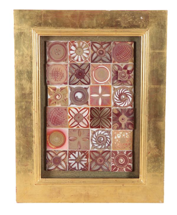 A FRAMED LUSTRE-WARE TILE PANEL