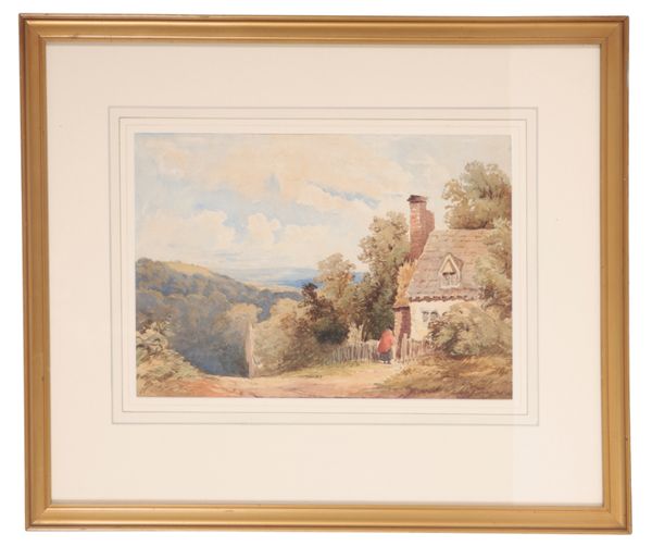 ENGLISH SCHOOL, 19TH CENTURY A woman outside a rural cottage