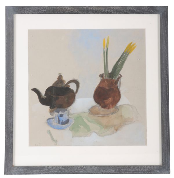 KATE SHAW (B. 1958) Still life study of a teapot and a jug with paintbrushes