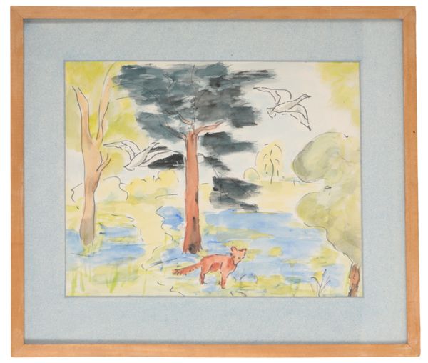 ENGLISH SCHOOL, 20TH CENTURY A fox in a landscape with geese flying overhead