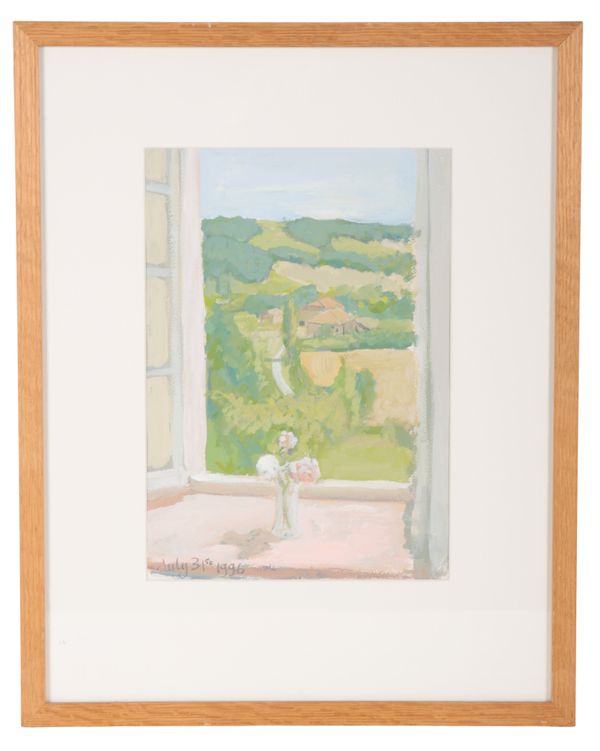 'STUTE' (20th Century) A vase of flowers on a sill before an open window with landscape beyond