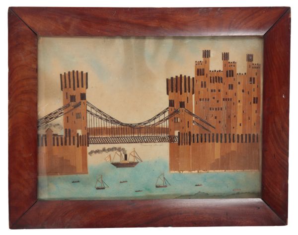 A 19TH CENTURY WELSH STRAW-WORK FOLK-ART PICTURE 'CONWAY BRIDGE'