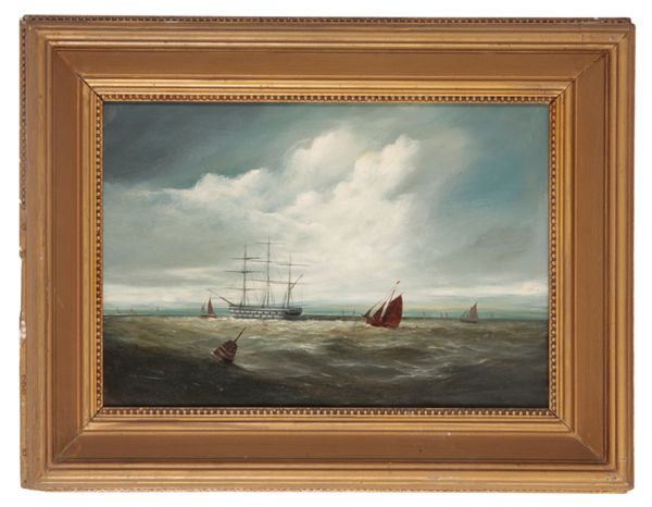 ROBERT MOORE A study of a tall ship in a harbour beside a breakwater