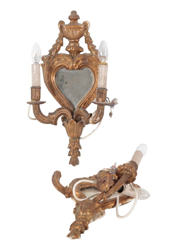 A PAIR OF ADAM STYLE GILTWOOD GIRANDOLE WALL LIGHTS