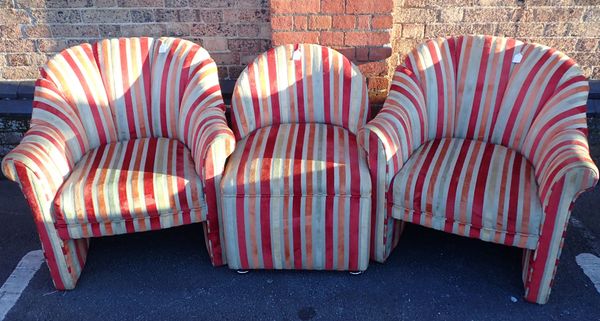 A PAIR OF TUB CHAIRS IN RED, CREAM AND ORANGE STRIPED VELVET