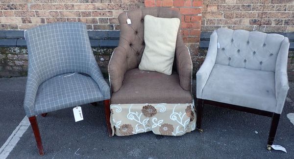 A MODERN TUB CHAIR, WITH FIGURED AND PLAIN UPHOLSTERY