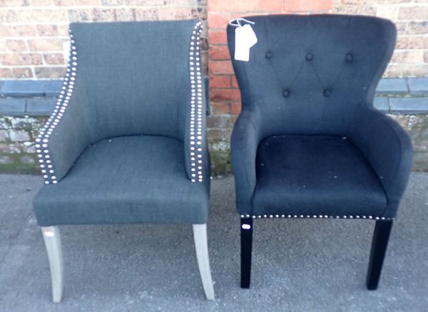 AN ARMCHAIR WITH  STUDDED CHARCOAL UPHOLSTERY