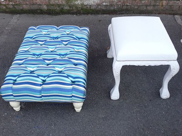 A COUNTRY HOUSE FOOTSTOOL, IN BLUE AND WHITE STRIPES