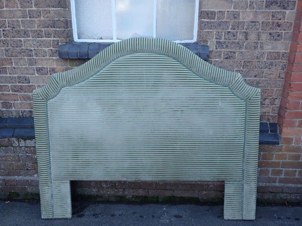 A GREEN STRIPED VELVET UPHOLSTERED  DOUBLE HEADBOARD